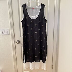 Yaza Double Gauze Layered Dress Lagenlook Black White Gold Women's Size L/XL